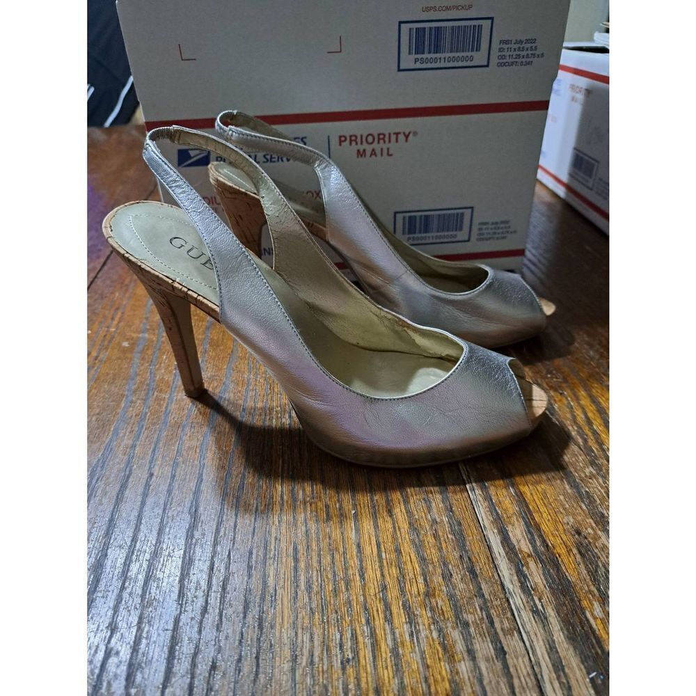 Size 9M Guess Silver Sling Back Peep Toe Cork High Heel Dress Shoes